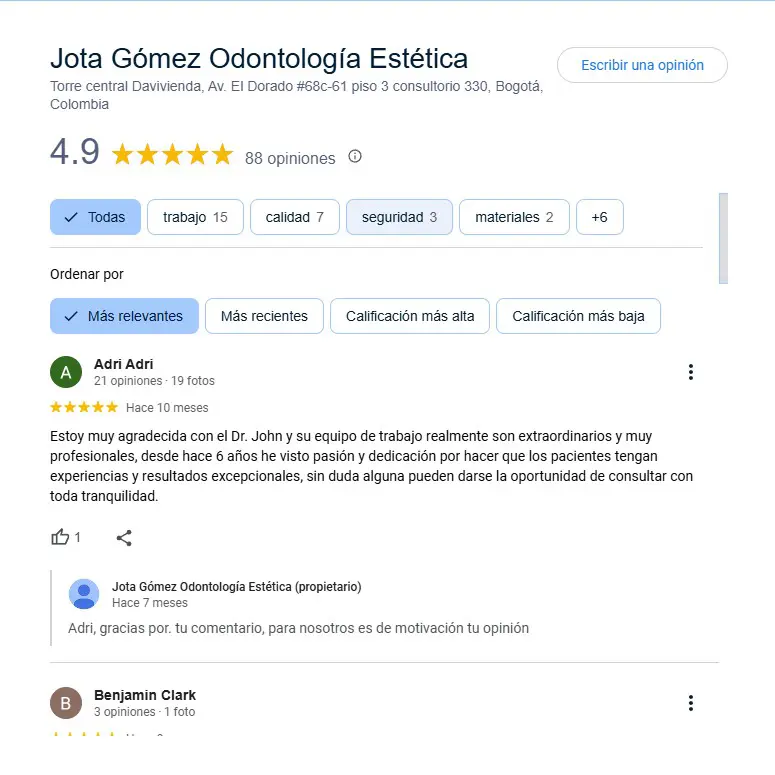 imagen de las opiniones de nuestros pacientes en Google